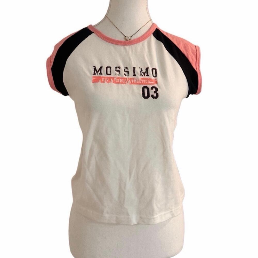 Y2K baby tee Mossimo white pink cotton & spandex top black & pink raglan size XL